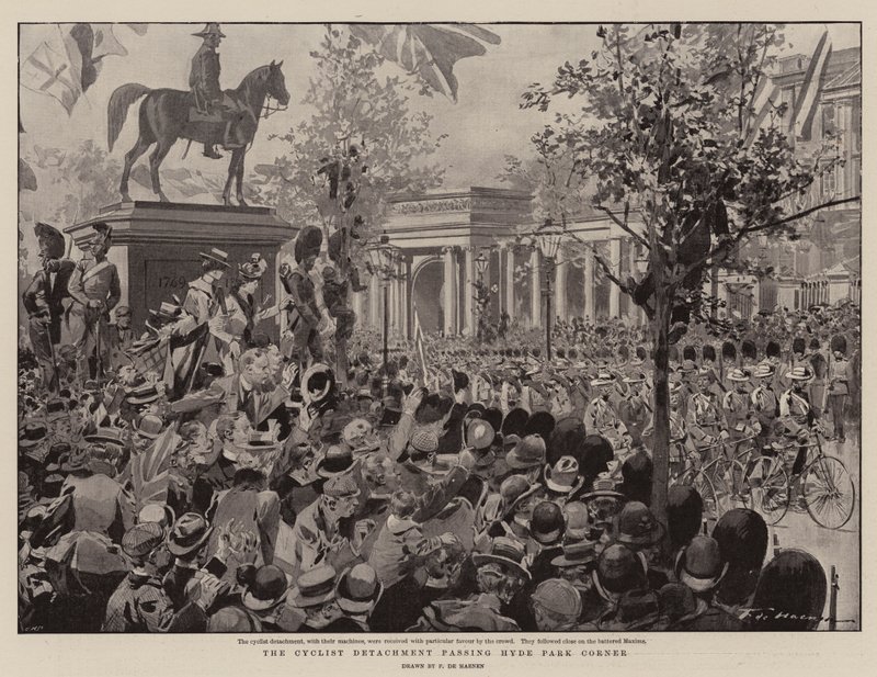 A kerékpáros különítmény a Hyde Park Corner mellett halad el alkotó: Frederic de Haenen
