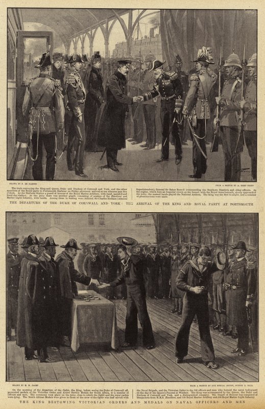 Cornwall és York hercegének távozása, a király és a királyi párt érkezése Portsmouthba, a király viktoriánus rendeket és kitüntetéseket adományoz a haditengerészeti tiszteknek és férfiaknak alkotó: Frederic de Haenen