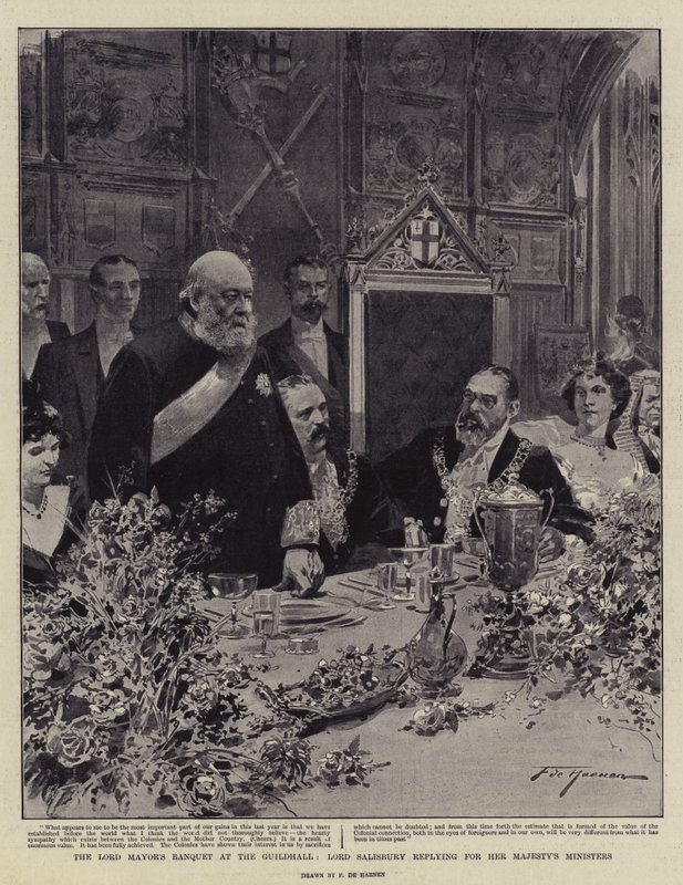 A Lord Mayor bankettje a Guildhallban, Lord Salisbury válaszol Őfelsége minisztereiért alkotó: Frederic de Haenen