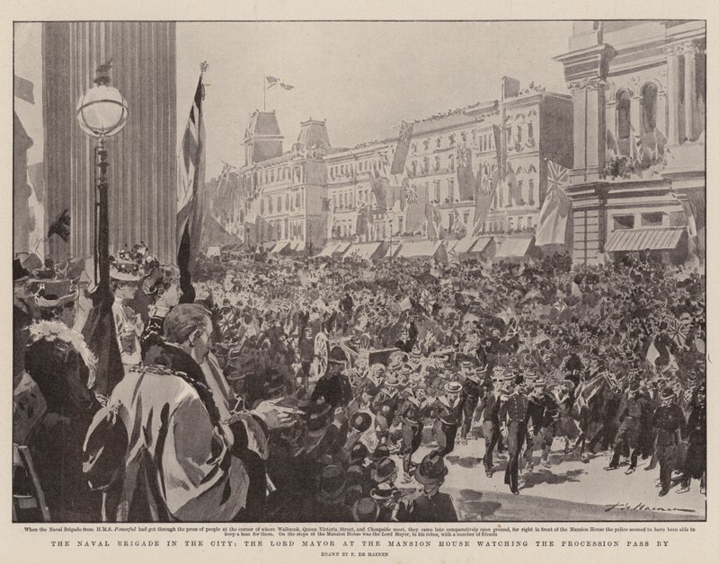 A haditengerészeti brigád a városban, a főpolgármester a kastélyban nézi a körmenetet alkotó: Frederic de Haenen