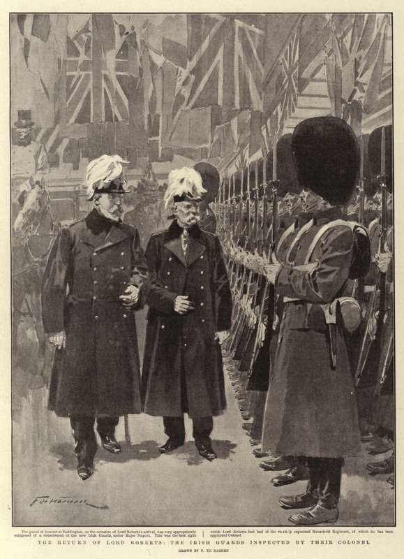 Lord Roberts visszatérése, az ír gárda, amelyet az ezredesük ellenőriz alkotó: Frederic de Haenen