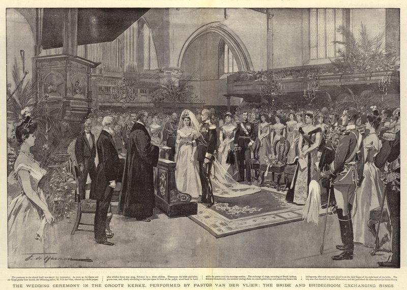 Az esküvői szertartás a Groote Kerkében, Van der Vlier lelkész előadásában, a menyasszony és a vőlegény gyűrűt cserél alkotó: Frederic de Haenen