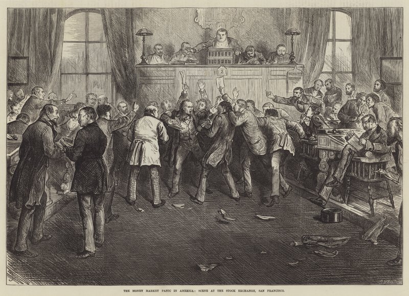 A pénzpiaci pánik Amerikában, jelenet a tőzsdén, San Francisco alkotó: Frederick Barnard