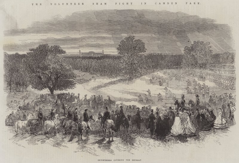 Önkéntes színlelt harc a Camden Parkban, a széthúzók fedezik a visszavonulást alkotó: Frederick John Skill