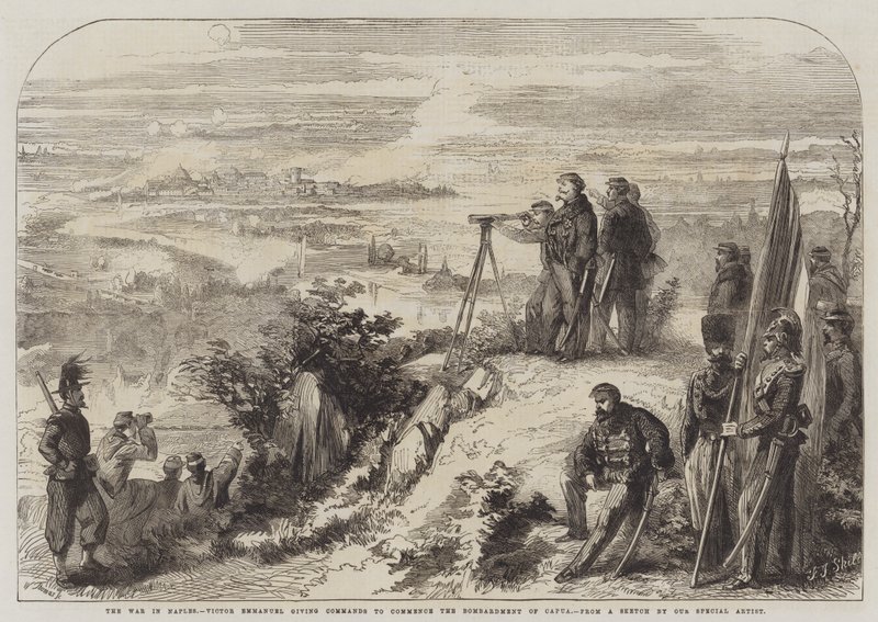 A nápolyi háború, Victor Emmanuel parancsot ad Capua bombázásának megkezdésére alkotó: Frederick John Skill