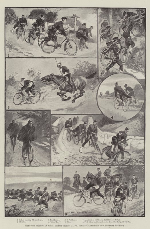 Önkéntes kerékpárosok munkahelyen, 1. kerékpáros szakasz, Cambridge hercege saját Middlesex ezredének önkéntes zászlóalja alkotó: Frederick William Burton