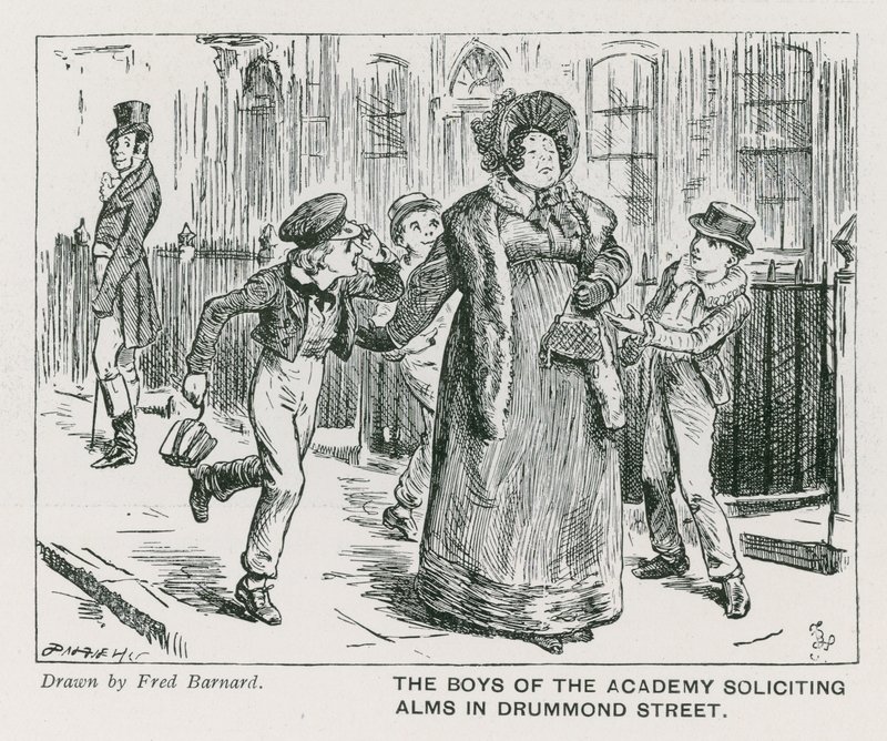 A Wellington House Academy fiúi alamizsnát kérnek a Drummond Streeten (metszet) alkotó: Frederick (after) Barnard