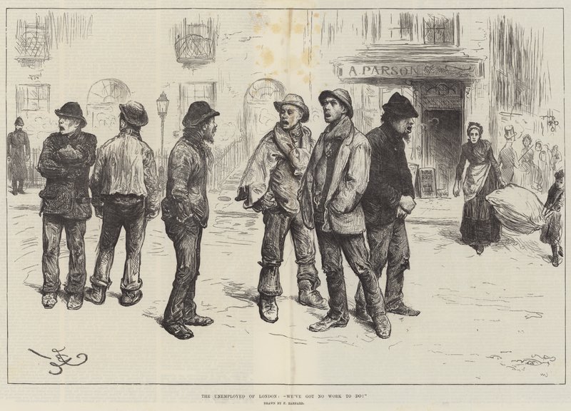A londoni munkanélküliek, nincs dolgunk! alkotó: Frederick Barnard