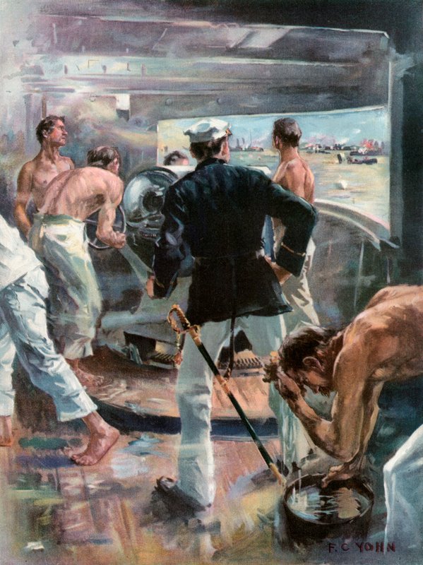 A Manila-öböli csata. Harc egy 6 hüvelykes fegyverrel az Olympia fedélzetén alkotó: Frederick Coffay Yohn