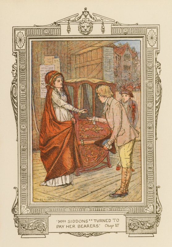 "Mrs Siddons megfordult, hogy kifizesse hordozóit" (színes litográfia) alkotó: Frederick Colin Tilney