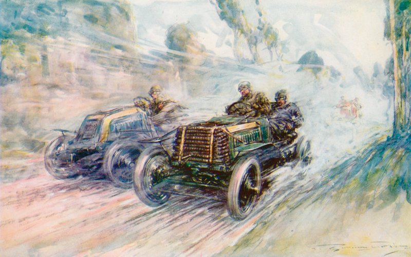 Egy brit pilóta, Charles Jarrott megnyeri az 1902-es Circuit des Ardennes-t a híres "70" Panharddal (színes litó) alkotó: Frederick Gordon (after) Crosby