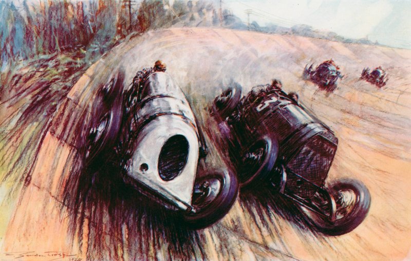 Óriások csatája Brooklandsban, Parry Thomas fehér Leylandje, amely Eldridge nagyszerű Fiatjával küzd a bankon (színes litó) alkotó: Frederick Gordon (after) Crosby