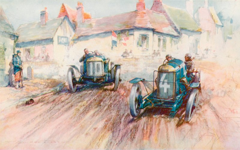 Bablot a 3 literes Delage No 10-et vezetve Boillot Peugeot-ját üldözi az 1911-es Boulogne-i Voiturette versenyen (színes litó) alkotó: Frederick Gordon (after) Crosby