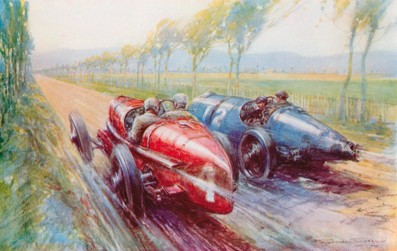 Felice Nazzaro megnyerte az 1922-es Nagydíjat az egyik új és nagyon gyors Fiat (színes litho) kezelésével. alkotó: Frederick Gordon (after) Crosby