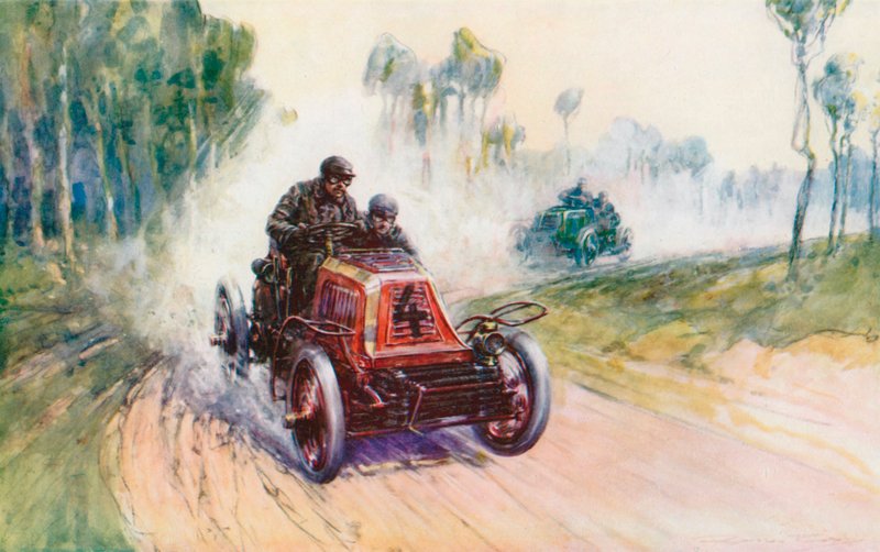 Fournier a 4-es Mors-szal az 1901-es Párizs-Berlin versenyen, azon kevesek egyike, ahol a nap vezető márkáját, a Panhardot megverték (színes litó) alkotó: Frederick Gordon (after) Crosby