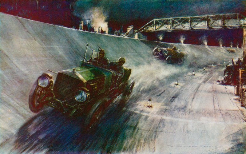 1907-ben az S F Edge, aki egykezes Napier-t vezet, 24 órán keresztül 60 mérföld/órás sebességet tudott tartani, ami az első rekord az új brooklandsi pályán (színes litho) alkotó: Frederick Gordon (after) Crosby