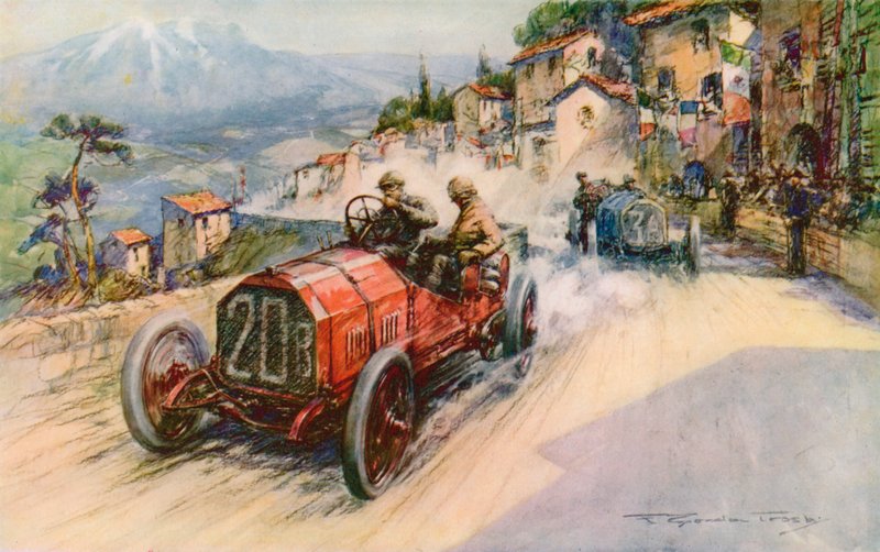 Olaszország bajnoka, Felice Nazzaro és a Fiat megnyerte az 1907-es Targa Floriót, a kombináció korábban megnyerte a Grand Prix-t és a Kaiserpreis-t (színes litó) alkotó: Frederick Gordon (after) Crosby
