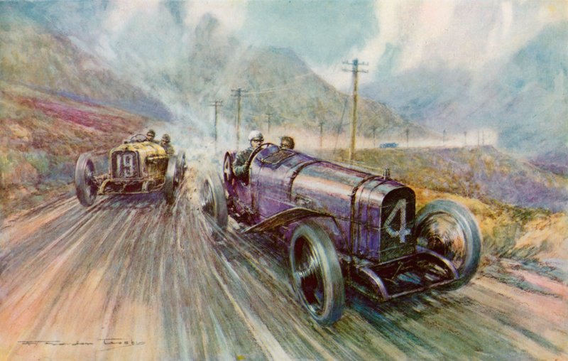 K Lee Guinness a Sunbeammel a kétnapos 600 mérföldes Tourist Trophy versenyen Man-szigeten, amelyet 56,44 mph-val (színes litho) nyert meg. alkotó: Frederick Gordon (after) Crosby