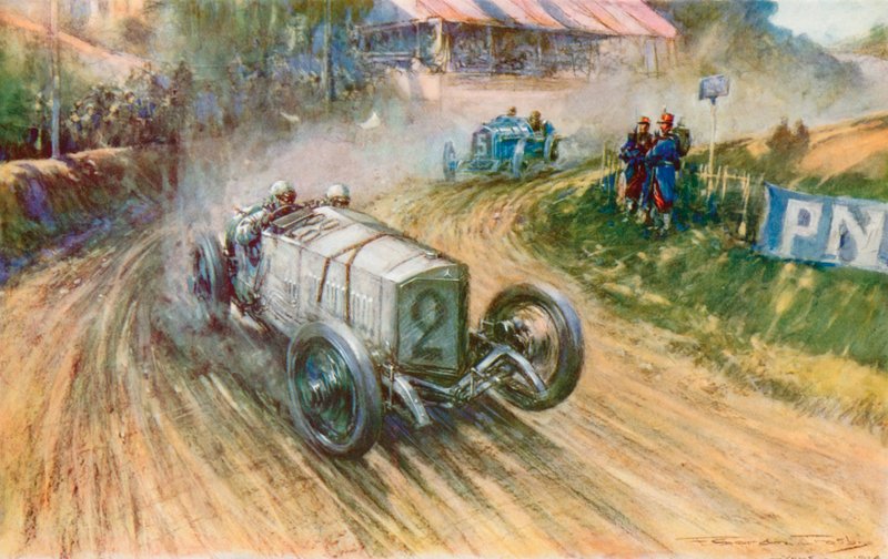 Lautenschlager a német Mercedesszel és Boillot a francia Peugeot-val az 1914-es Nagydíj alatti nagy küzdelmében (színes litó) alkotó: Frederick Gordon (after) Crosby