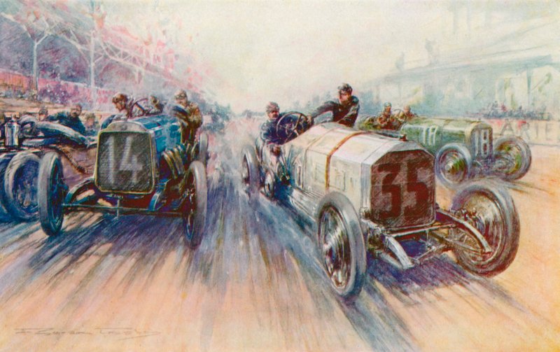 Lautenschlager fehér Mercedes az 1908-as Nagydíjon, egy olyan versenyen, amelyen hatalmas mennyiségben használtak gumikat (színes litho) alkotó: Frederick Gordon (after) Crosby