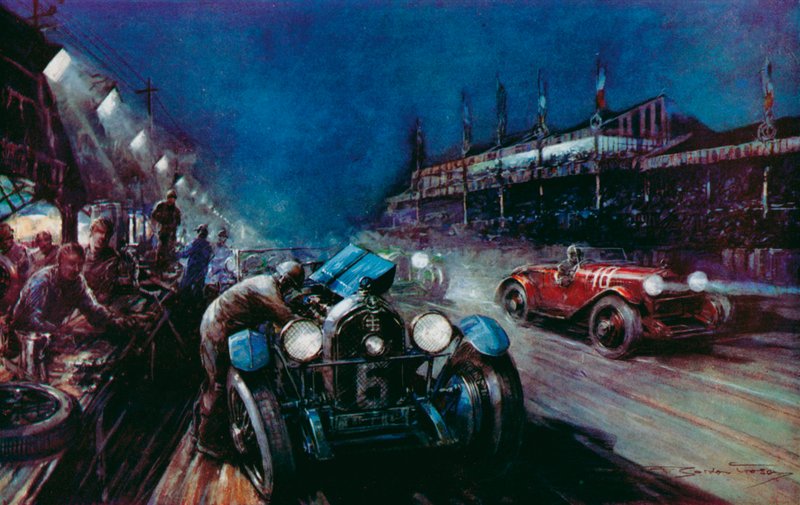 Az egyik sikeres Lorraine-Dietrich autó, amely a bokszban tölti fel az éjszakai futást a Le Mans-i 24 órás versenyen (színes litho) alkotó: Frederick Gordon (after) Crosby