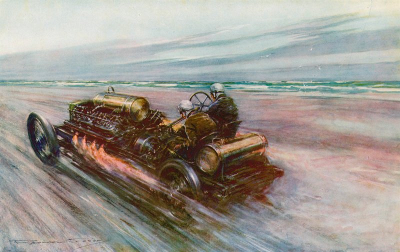 A híres "200" Darracq, amellyel Sir Algernon Guinness, Bart 120 mph-t ért el 1908-ban (színes litho) alkotó: Frederick Gordon (after) Crosby
