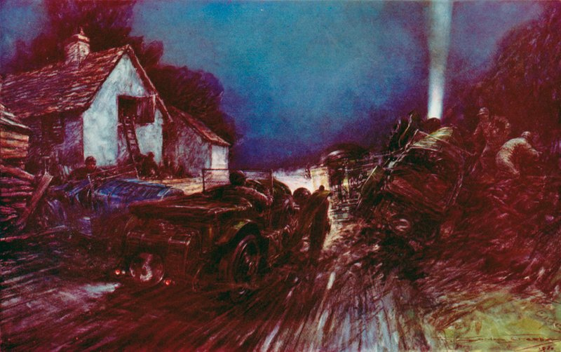 Történelmi baleset a White House Cornernél a Le Mans-i 24 órás versenyen. A baleset után az egyik megrongálódott Bentley folytatta a győzelmet (színes litho) alkotó: Frederick Gordon (after) Crosby
