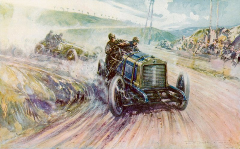 Ott a Richard-Brasier-vel, megnyerve az 1905-ös Gordon Bennett franciaországi versenyt (színes litho) alkotó: Frederick Gordon (after) Crosby