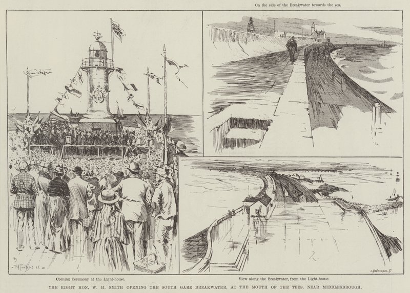 A tiszteletreméltó W. H. Smith megnyitja a South Gare hullámtörőt a Tees torkolatánál, Middlesbrough közelében. alkotó: Frederick Henry Townsend
