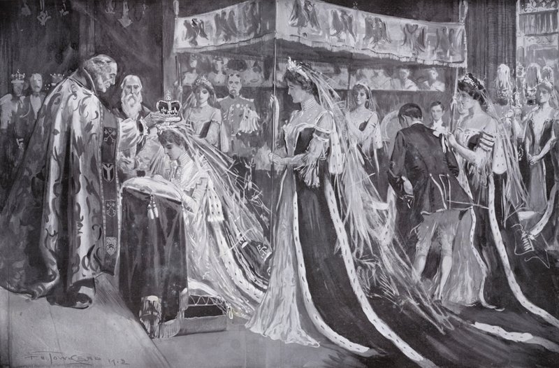 Alexandra királynőnek, VII. Edward király hitvesének megkoronázása York érseke által, a londoni Westminster Abbey alkotó: Frederick Henry Townsend