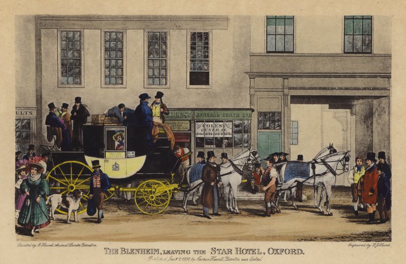 The Blenheim, Leaving the Star Hotel, Oxford (színes metszet) alkotó: Frederick James Havell