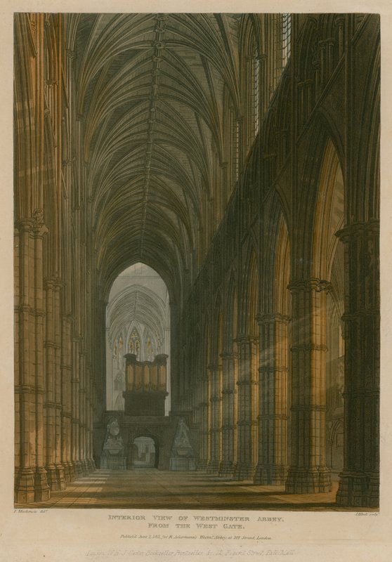 A londoni Westminster Abbey belső képe a West Gate felől alkotó: Frederick Mackenzie