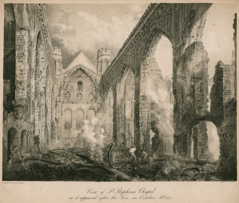 A Szent István-kápolna képe az 1834. októberi tűzvész után alkotó: Frederick Mackenzie
