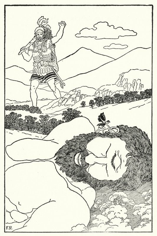 A törpék Antaeus fülébe kiáltották, hogy újabb óriás jön (litho) alkotó: Frederick Richardson