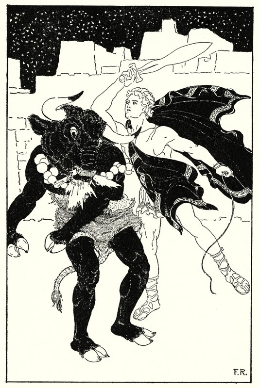 Következett a legszörnyűbb harc Thészeusz és Minotaurusz között, ami valaha is történt (litho) alkotó: Frederick Richardson