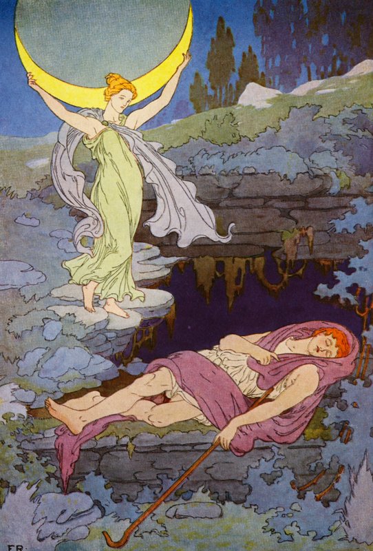 Csak a hold látogatja éjjel, Endymion örökké alszik (színes litográfia) alkotó: Frederick Richardson