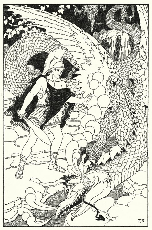 Amikor a sárkány megpillantotta Kadmust, újabb förtelmes sziszegést hallatott (litho) alkotó: Frederick Richardson