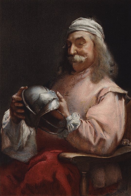 Egy barát szükségben, egy férfi portréja, aki sisakot néz (chromolitho) alkotó: Frederick William Davis