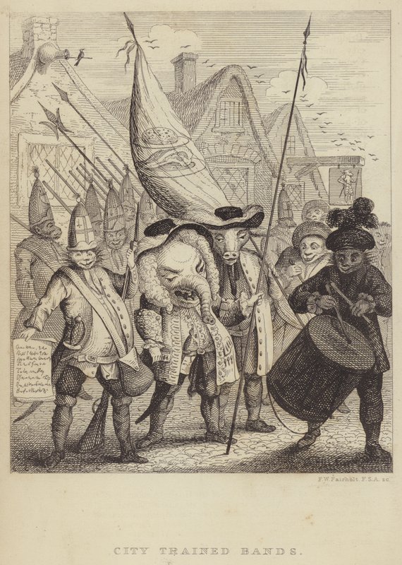 City Trained Bands: szatíra a londoni városhoz kötődő milíciákról és az 1745-ös jakobita lázadás okozta pánikról (metszet) alkotó: Frederick William Fairholt