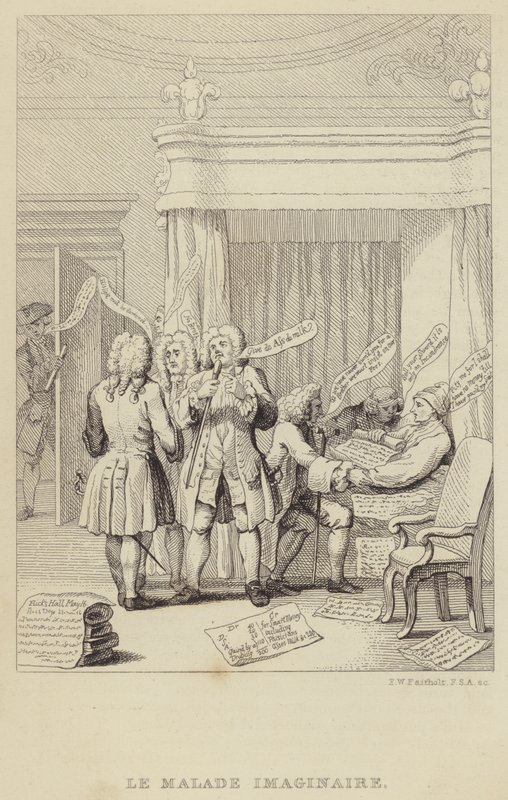Le Malade Imaginaire: egy szatíra, amely John Hill szerzőt és botanikust ábrázolja az ágyban, akivel számos orvos konzultál alkotó: Frederick William Fairholt