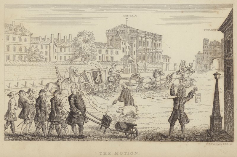 Az indítvány: szatíra azokról a parlamenti kísérletekről, amelyek 1741-ben Sir Robert Walpole-t leváltották a miniszterelnöki székről (metszet) alkotó: Frederick William Fairholt