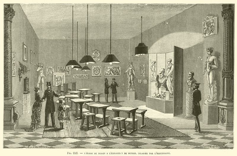 A rajziskola a müncheni kiállításon, elektromos világítással alkotó: French School