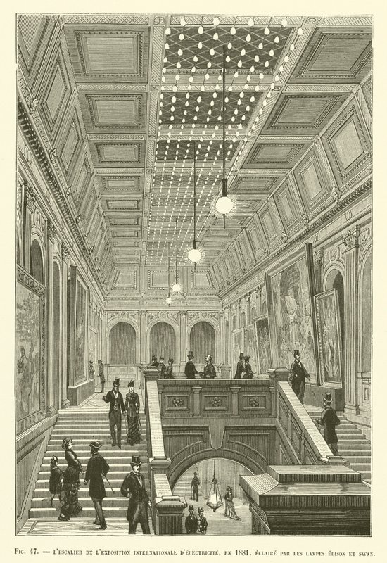 A Nemzetközi Villamosenergia-kiállítás lépcsőháza, 1881-ben, Edison és Swan lámpák által megvilágítva alkotó: French School