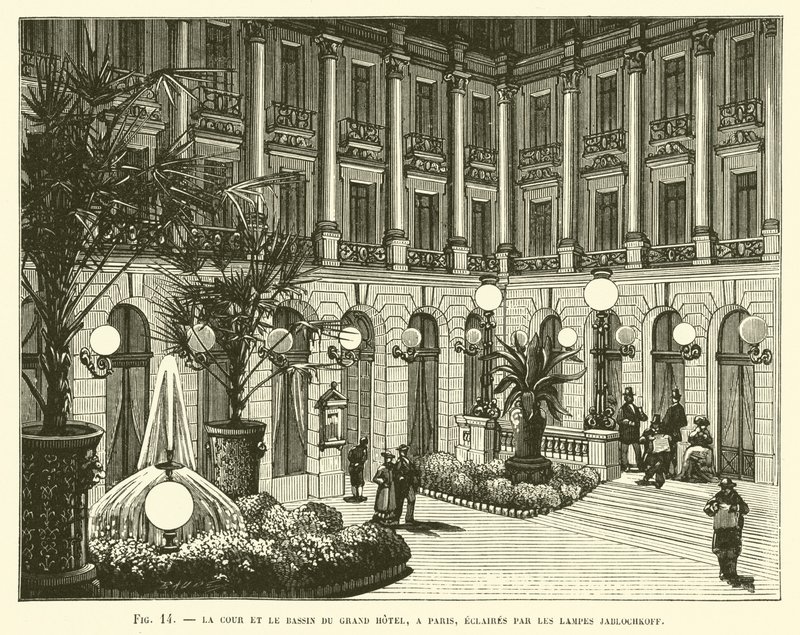 A Grand Hotel udvara és medencéje, Párizsban, Jablochkoff lámpákkal megvilágítva alkotó: French School