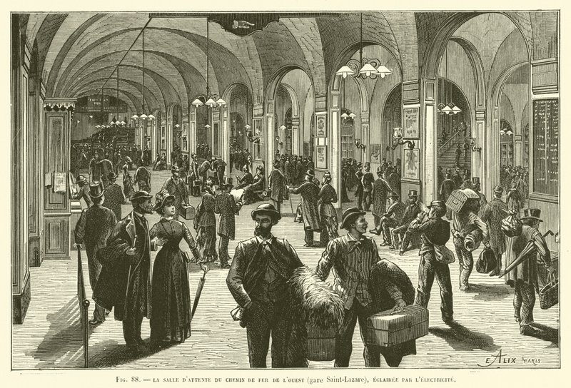 A nyugati vasúti váróterem (Saint-Lazare pályaudvar), elektromos megvilágítással alkotó: French School