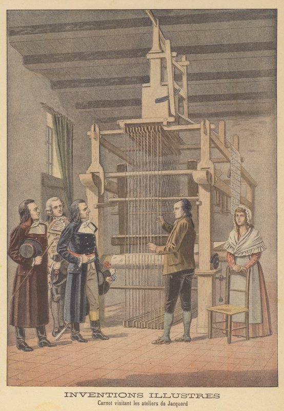 Lazare Carnot meglátogatja a Jacquard műhelyét Lyonban, 1801-ben alkotó: French School