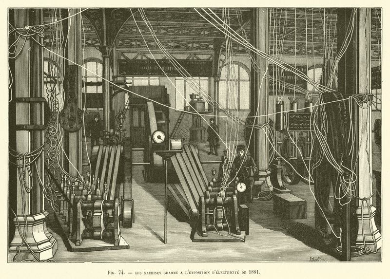 Gramgépek az 1881-es villamosenergia-kiállításon alkotó: French School
