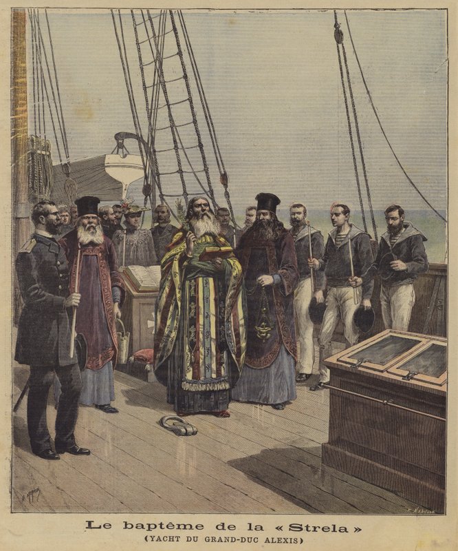 Alekszisz orosz nagyherceg jachtjának, a Sztrelának a keresztelője alkotó: French School