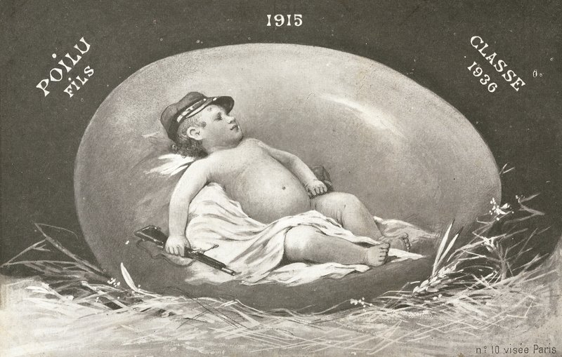 1915, húsvéti üdvözlőlap, amelyen már felfegyverzett csecsemő katona látható tojásban alkotó: French Photographer