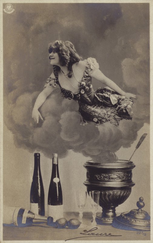 Fiatal nő kibújik egy levessütő gőzéből (fotókollázs) alkotó: French Photographer